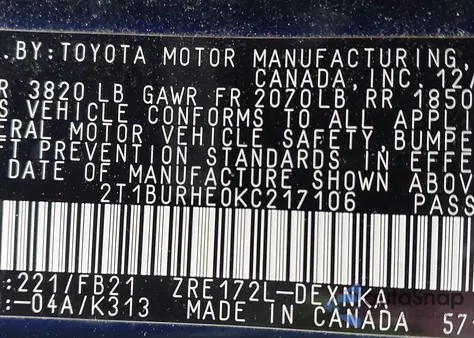 2019 Toyota Corolla Le from USA, damaged, VIN 2T1BURHE0KC217106
